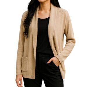 ABERCROMBIE & FITCH Open Cardigan Sweater Tan White Ribbed Draped Pockets Small